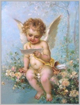 手紙を読む花の天使 ハンス・ザツカの古典的な花 Oil Paintings